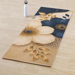 Tapete De Yoga Elegante Padrão Floral Botânico Azul Marinho e Dou