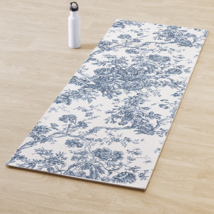 Tapete De Yoga Elegante Vintage Francês Gravado Floral Toile-Blue