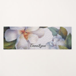Tapete De Yoga Elegante Watercolor White Magnolia Flor Seu Nome