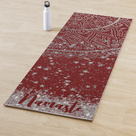Tapete De Yoga Encantando Mandala com Estrelas de Prata em Vermel