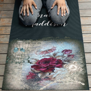 Tapete De Yoga Ephemera Rosa vermelha vitoriana