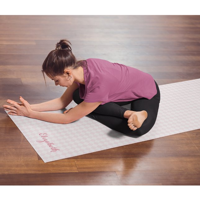 Tapete De Yoga Exercício de Monograma Verificado Moderno, Branco  (Pink White Modern Checkered Monogram Exercise Yoga Mat)