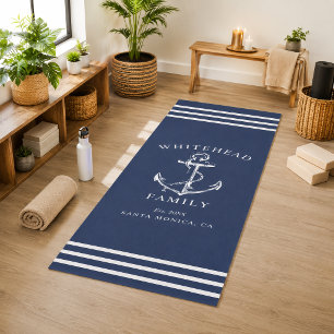 Tapete De Yoga Família Náutica Âncora Azul e Branco Moderna