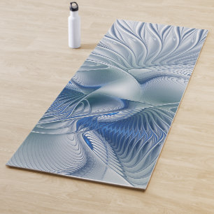 Tapete De Yoga Fantasia Dinâmica Arte Fractal em Tons Azuis Abstr