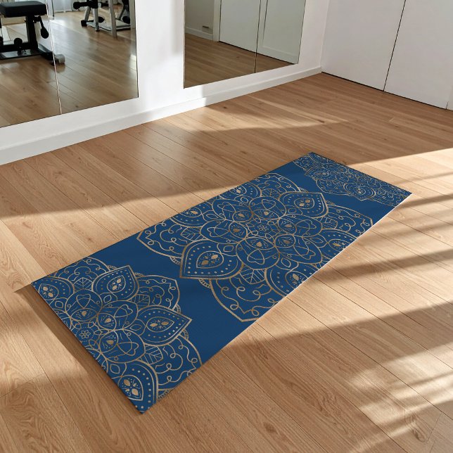 Tapete De Yoga Faux Gold Foil On Dark Blue Decorative Mandala (Disclaimer: This image is a digital mockup.)