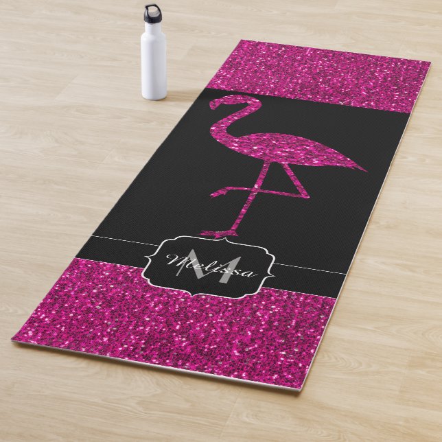Tapete De Yoga Flamingo Pink Faux Glitks brilha preto Monograma (In Situ)