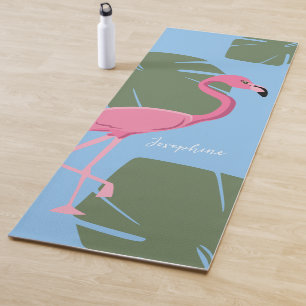 Tapete De Yoga Flamingo Rosa Personalizado com Folhas Tropicais