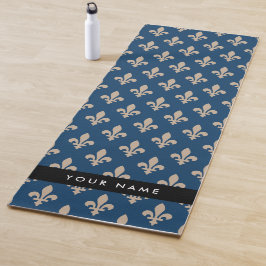 Tapete De Yoga Fleur de Lis, Beige on Navy Blue, Royal, Your Name