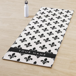 Tapete De Yoga Fleur de Lis, Preto sobre Branco, Preto, Seu Nome