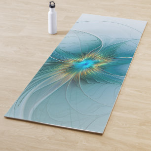Tapete De Yoga Flor de Arte Fractal Dourada e Azul Moderno