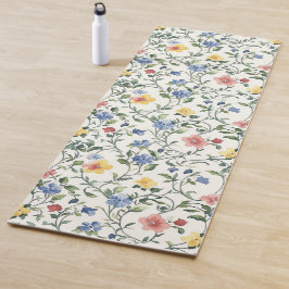 Tapete De Yoga Flor de Campo Azul Amarelo em Aquarela 