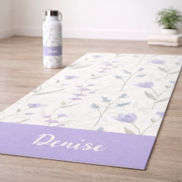 Tapete De Yoga Flor de Campo Azul Roxo Aquarela Nome Personalizad