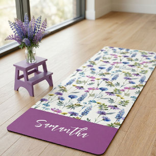 Tapete De Yoga Flor de Campo Azul Roxo Aquarela Nome Personalizad