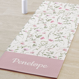Tapete De Yoga Flor de Campo Rosa Aquarela Nome Personalizado