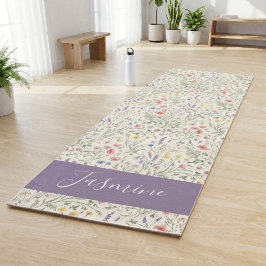 Tapete De Yoga Flor de Campo Watercolor Roxa Boho Nome Personaliz