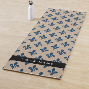 Tapete De Yoga Flor de Lis, Azul Marinho em Bege, Real, Seu Nome