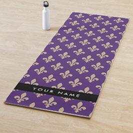 Tapete De Yoga Flor de Lis, Bege sobre Roxo, Real, Seu Nome