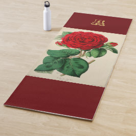 Tapete De Yoga Flor de Rosa Vermelha Monograma Desabrochar Arte V