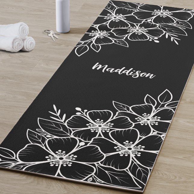 Tapete De Yoga Flor Preto Personalizado (Personalized Black Flower Yoga Mat )