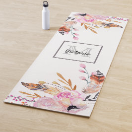 Tapete De Yoga Florais boho pena branca rosa feminino monograma