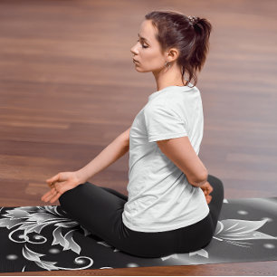 Tapete De Yoga Floral de Fantasia Preta e Branca - Borboleta Seu