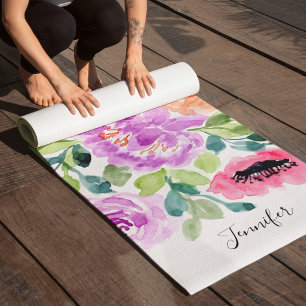 Tapete De Yoga Floral Hídrico Pintado à Mão Brilhante