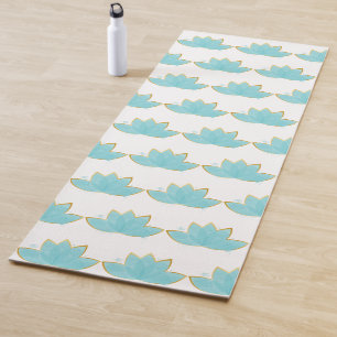 Tapete De Yoga Floral Lotus Watercolor Seafoam Azul e Faux Dourad