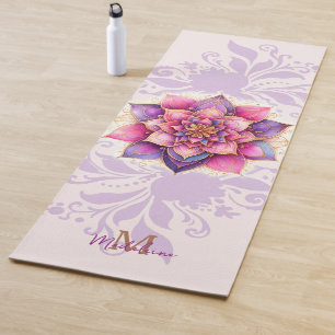 Tapete De Yoga Floral Mandala Dourada Roxo Nome Elegante Monogram