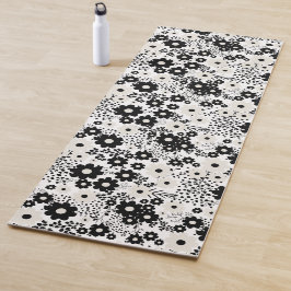 Tapete De Yoga Flores Bege e Pretas