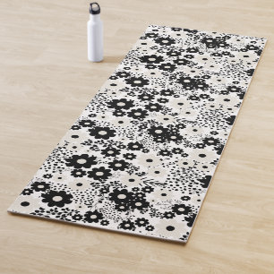 Tapete De Yoga Flores Bege e Pretas