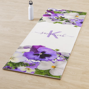 Tapete De Yoga Flores brancas violetas, violeta, monograma, scrip