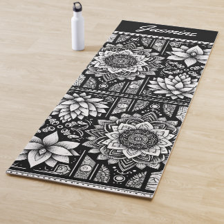 Tapete De Yoga Flores de Lotus e Mandalas a preto e branco