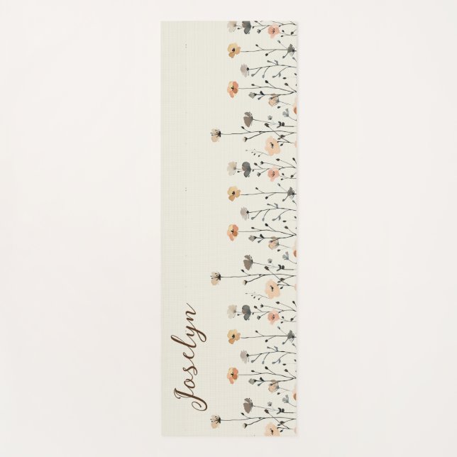 Tapete De Yoga Flores de Mola de Aquarela com Nome Rustic Floral (Frente)