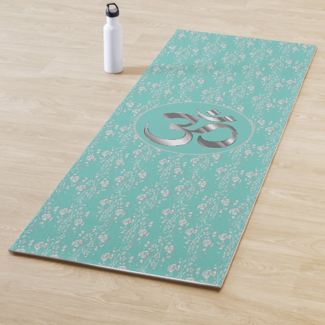 Tapete De Yoga Flores de Prata na Turquesa OM Yoga Mat (In Situ)
