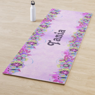 Tapete De Yoga Flores e borboletas em roxo