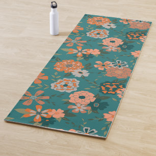 Tapete De Yoga Flores E Vinhas De Padrões De Laranja Teal Trendy
