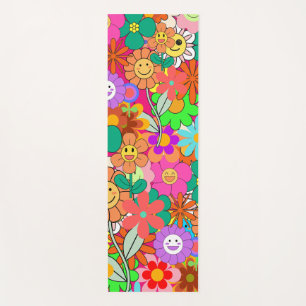 Tapete De Yoga Flores Retro Groovy Boho Hippie