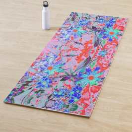 Tapete De Yoga Flores Retro Psicodélicas Aqua Verde e Laranja