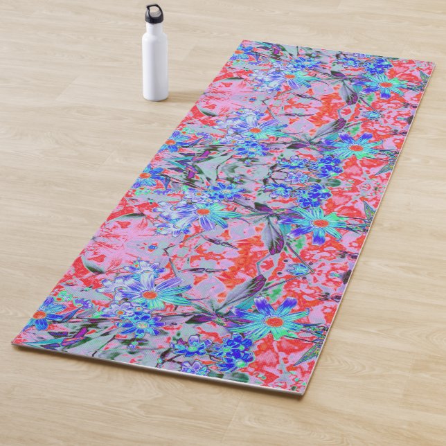 Tapete De Yoga Flores Retro Psicodélicas Aqua Verde e Laranja (In Situ)