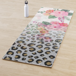 Tapete De Yoga Flores-rosa-impressas, pretas, Douradas prateadas,