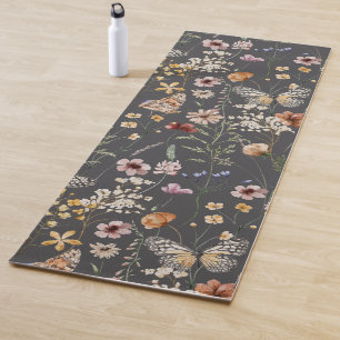 Tapete De Yoga Flores Silvestres Aguarela Cinza Carvão
