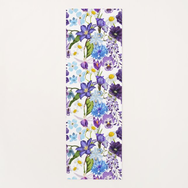 Tapete De Yoga Flores violetas de jardim azul. (Frente)