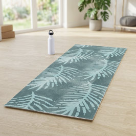 Tapete De Yoga Folha Botânica Tropical em Aquarela Verde Teal