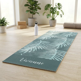 Tapete De Yoga Folha Tropical de Aquarela Azul Personalizada