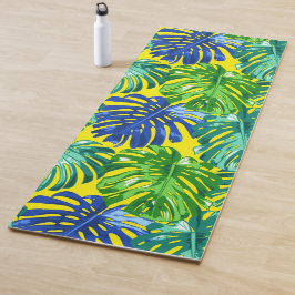 Tapete De Yoga Folhas da selva verde-azul-tropical Amarelo Monste