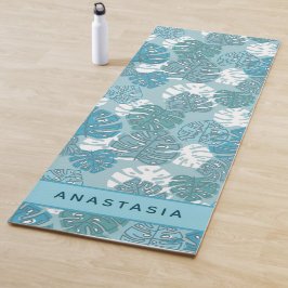 Tapete De Yoga Folhas de Palmeira Padrão Tropical Nome Personaliz