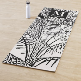 Tapete De Yoga Folhas de Palmeira Preto e Branco Monograma Abstra