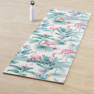 Tapete De Yoga Folhas tropicais cor-de-rosa flamingos