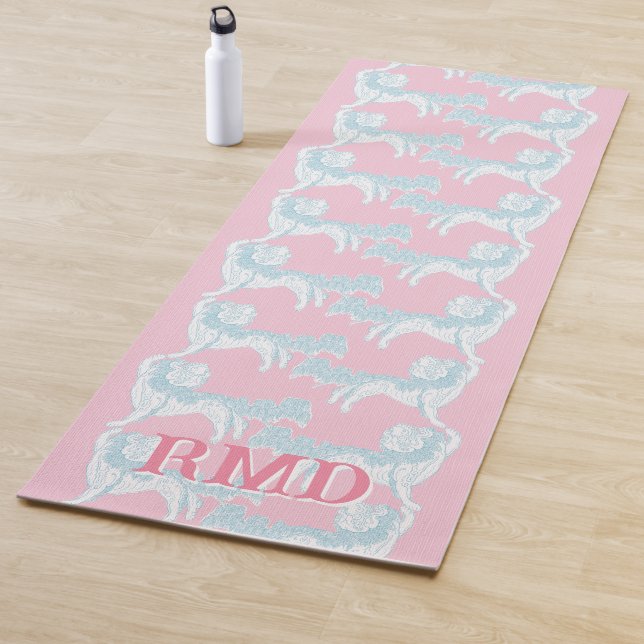 Tapete De Yoga Foo Dog Waltz in Pink and Aqua Personalized (In Situ)