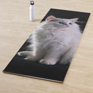 Tapete De Yoga Gato branco fluffy sobre fundo preto
